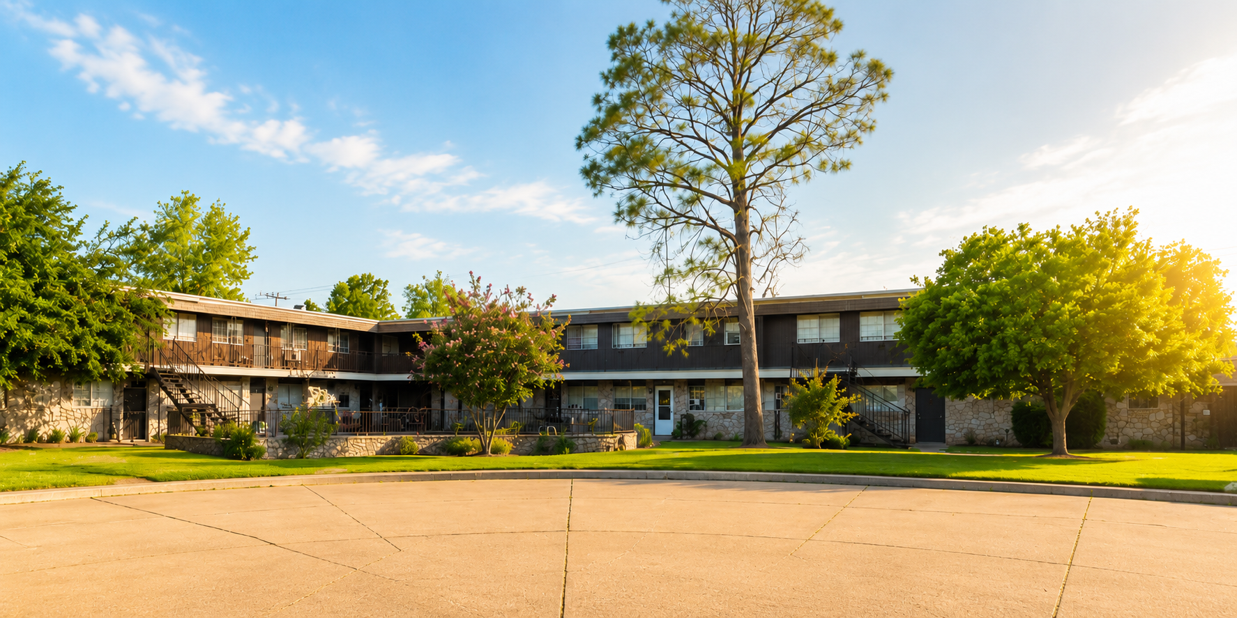 Charlemagne Apartments exterior with mature trees and landscaped grounds on a sunny day